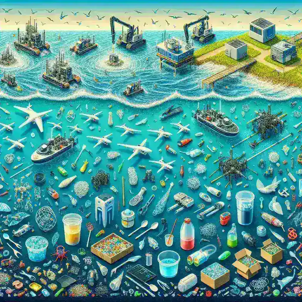 "Reciclagem de plásticos oceânicos: tecnologia inovadora em ação, mostrando equipamentos e processos para transformar resíduos plásticos em novos produtos sustentáveis."