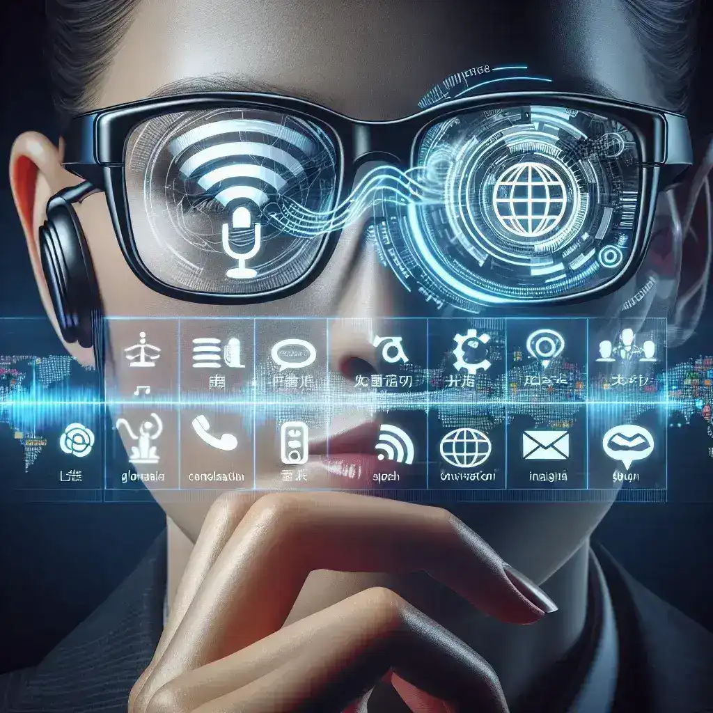 "Smart glasses showcasing real-time translation app interface, illustrating the innovation in augmented reality for language translation."